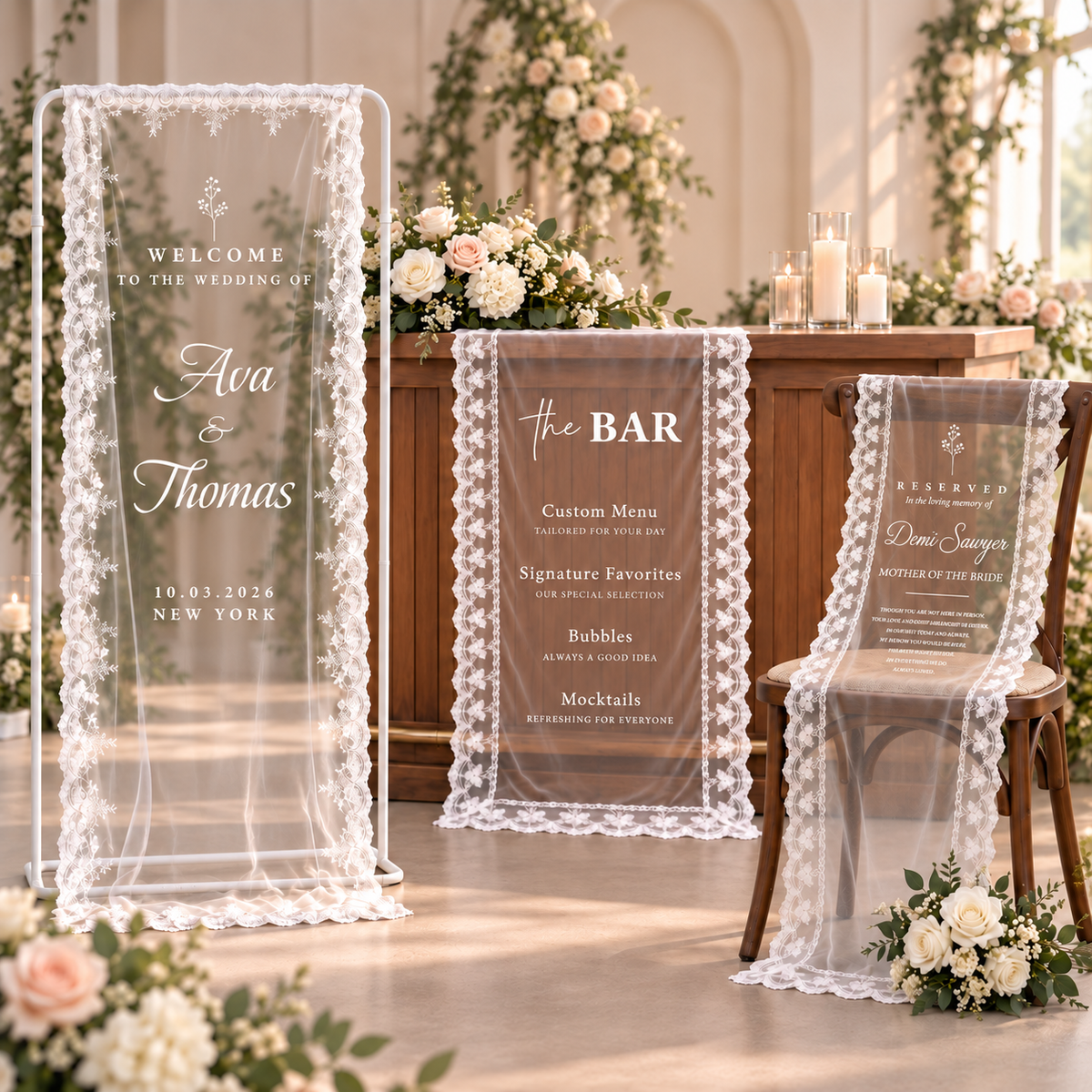 The Rivage Collection of sheer lace wedding signs