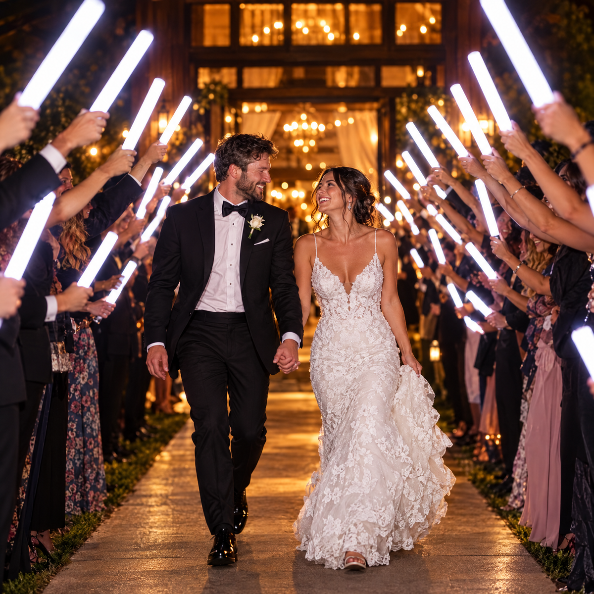 Wedding send-off with guests holding white glow sticks