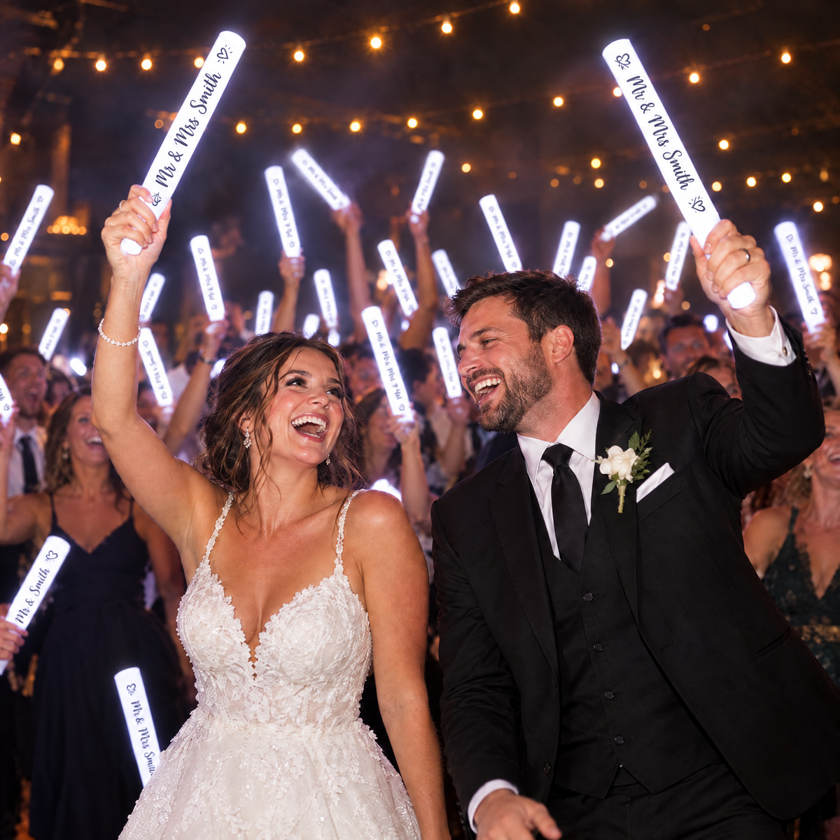 Bride and groom on the dance floor with guests waving white glow sticks printed Mr &amp; Mrs Smith